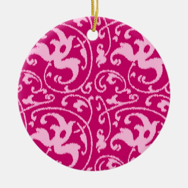 Ikat Floral Damask - Fuchsia and Pale Pink Ceramic Ornament (Front)