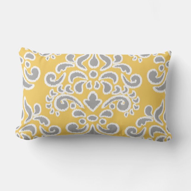 Ikat Floral Damask Grey and Yellow Lumbar Cushion (Front)