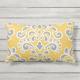 Ikat Floral Damask Grey and Yellow Lumbar Cushion