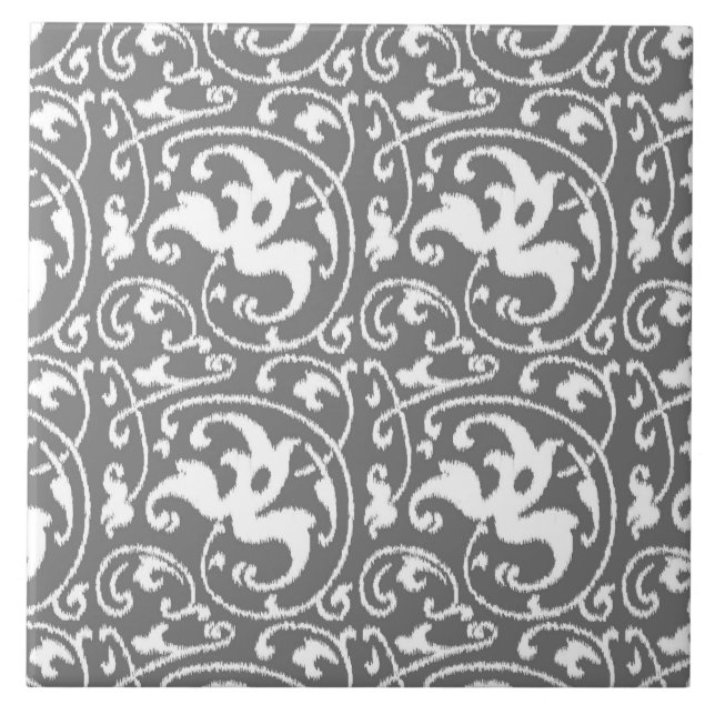Ikat Floral Damask - Grey / Grey and White Ceramic Tile (Front)