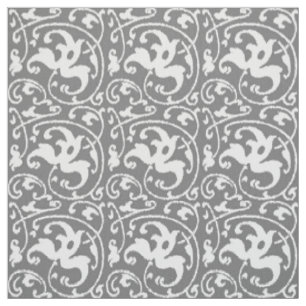 Ikat Floral Damask - Grey / Grey and White Fabric