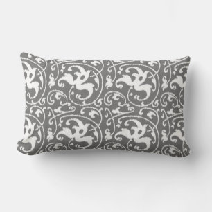 Ikat Floral Damask - Grey / Grey and White Lumbar Cushion