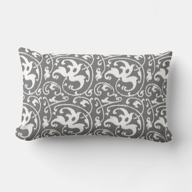 Ikat Floral Damask - Grey / Grey and White Lumbar Cushion (Front)