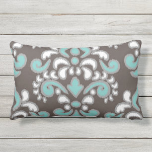Ikat Floral Damask Tuquoise and brown Outdoor Cushion