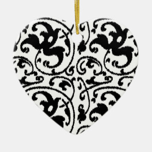 Ikat Floral Damask - White and Black Ceramic Ornament