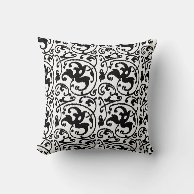 Ikat Floral Damask - White and Black Cushion (Front)
