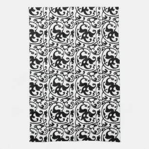 Ikat Floral Damask - White and Black Tea Towel