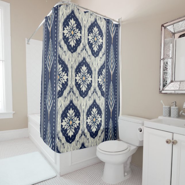 Ikat Floral Paisley Pattern Shower Curtain (In Situ)