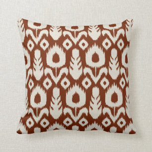 Ikat Floral Pattern Rust Red and Natural Cushion
