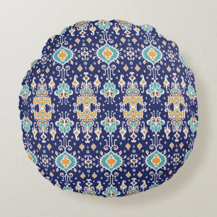 Ikat Geometric: Folklore Oriental Ornament. Round Cushion
