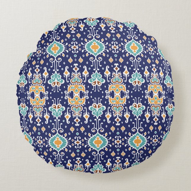 Ikat Geometric: Folklore Oriental Ornament. Round Cushion (Front)