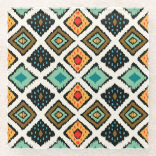 Ikat geometric, folklore tribal texture. glass coaster