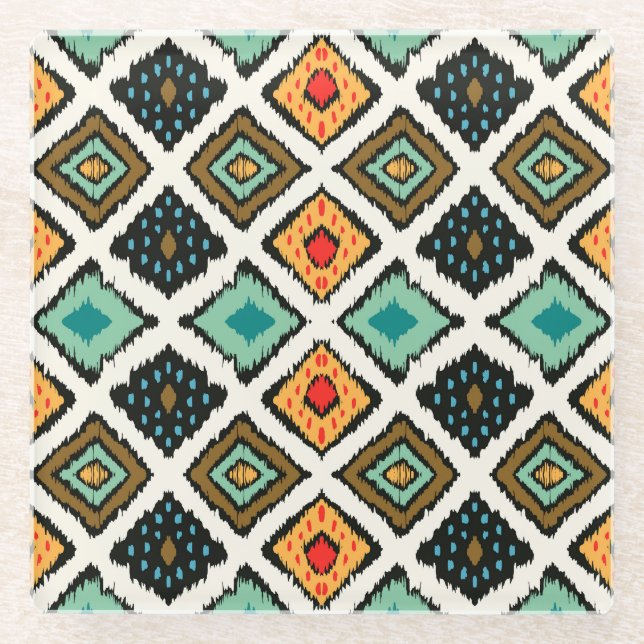 Ikat geometric, folklore tribal texture. glass coaster (Front)