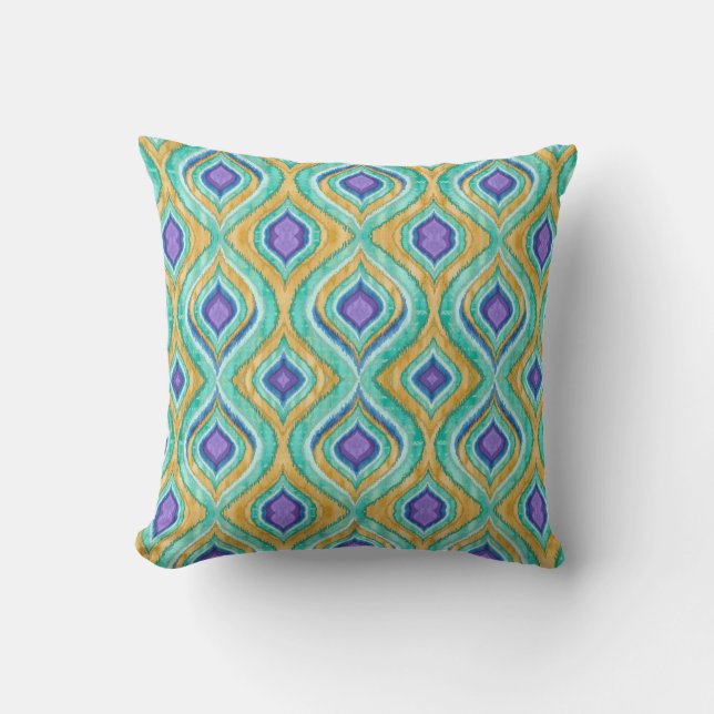 IKAT Modern Vintage Peacock Feathers Pattern Cushion (Front)