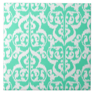 Ikat Moorish Damask - aqua and white Ceramic Tile