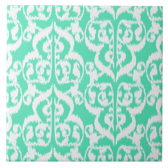 Ikat Moorish Damask - aqua and white Ceramic Tile (Front)
