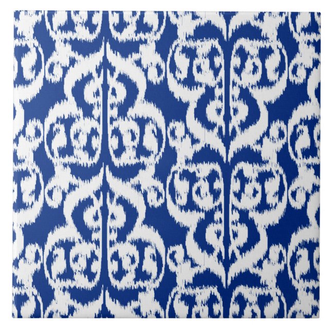 Ikat Moorish Damask - cobalt blue and white Ceramic Tile (Front)