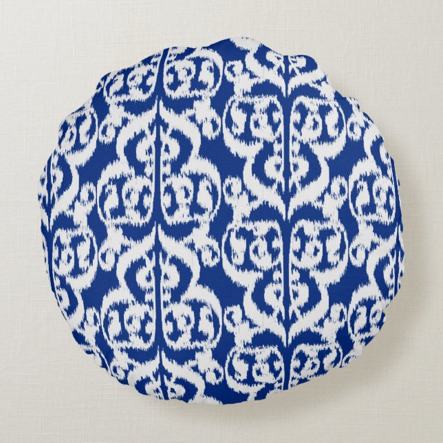 Ikat Moorish Damask - cobalt blue and white Round Cushion (Back)
