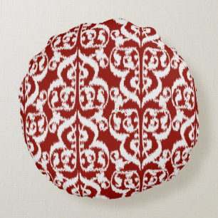 Ikat Moorish Damask - dark red and white Round Cushion