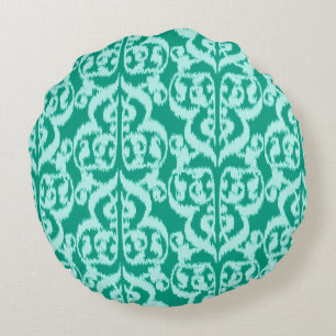 Ikat Moorish Damask - peacock and aqua Round Cushion
