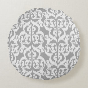 Ikat Moorish Damask - silver grey and white Round Cushion