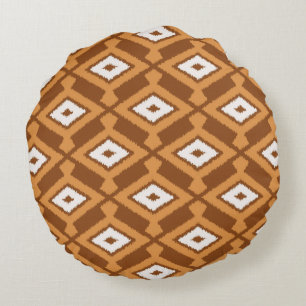 Ikat Pattern - Brown, Rust and Cream Round Cushion
