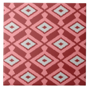 Ikat Pattern - Burgundy, Grey and Coral Ceramic Tile