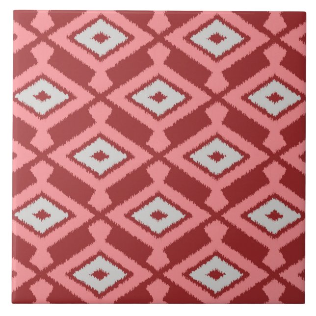 Ikat Pattern - Burgundy, Grey and Coral Ceramic Tile (Front)