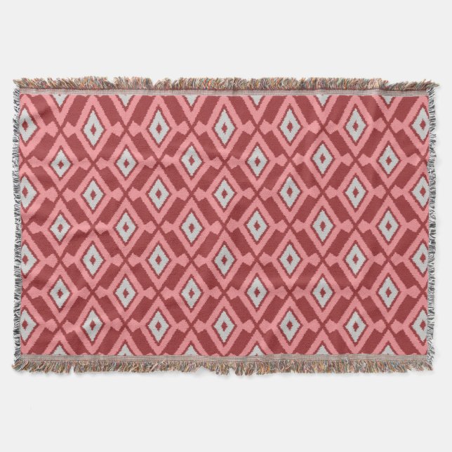 Ikat Pattern - Burgundy, Grey and Coral Throw Blanket (Front)