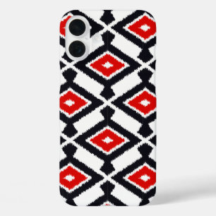 Ikat Pattern - Dark Red, Black and White iPhone 16 Plus Case