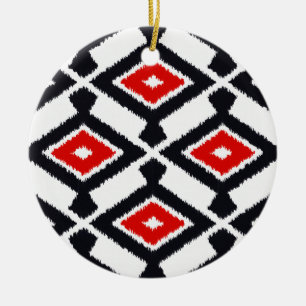 Ikat Pattern - Dark Red, Black and White Ceramic Tree Decoration