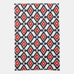 Ikat Pattern - Dark Red, Black and White Tea Towel