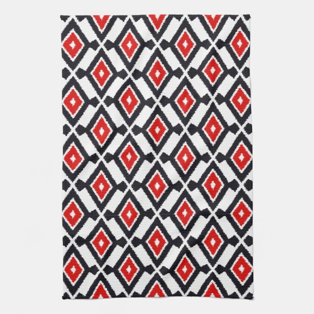 Ikat Pattern - Dark Red, Black and White Tea Towel (Vertical)