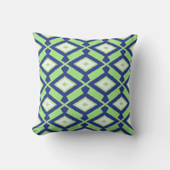 Ikat Pattern - Green, Indigo Blue and White Cushion (Front)