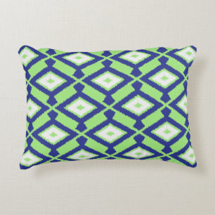 Ikat Pattern - Green, Indigo Blue and White Decorative Cushion