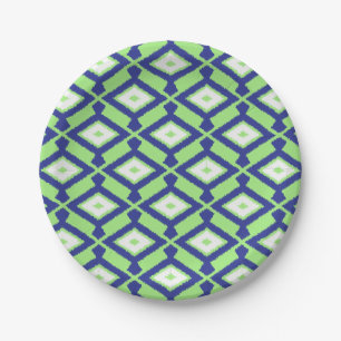 Ikat Pattern - Green, Indigo Blue and White Paper Plate
