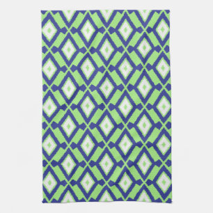 Ikat Pattern - Green, Indigo Blue and White Tea Towel