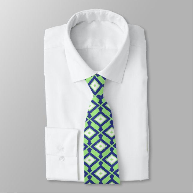 Ikat Pattern - Green, Indigo Blue and White Tie (Tied)