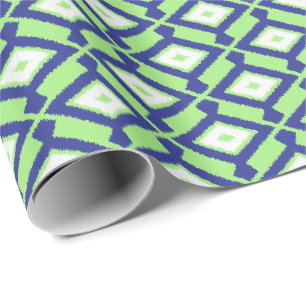 Ikat Pattern - Green, Indigo Blue and White Wrapping Paper