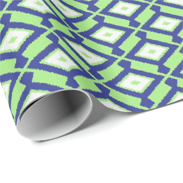 Ikat Pattern - Green, Indigo Blue and White Wrapping Paper (Roll Corner)