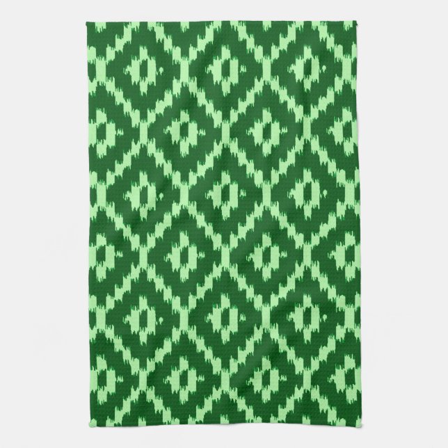 Ikat pattern - Pine green and pale green Tea Towel (Vertical)