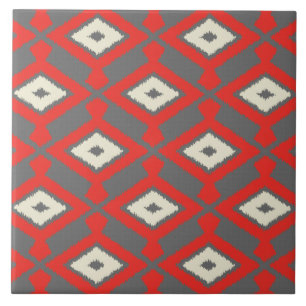 Ikat Pattern - Red, Grey and Beige Ceramic Tile