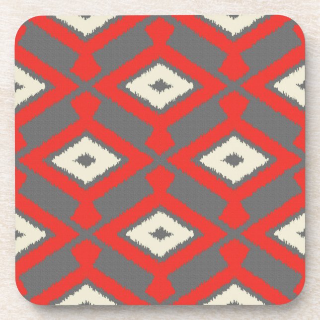Ikat Pattern - Red, Grey and Beige Coaster (Front)
