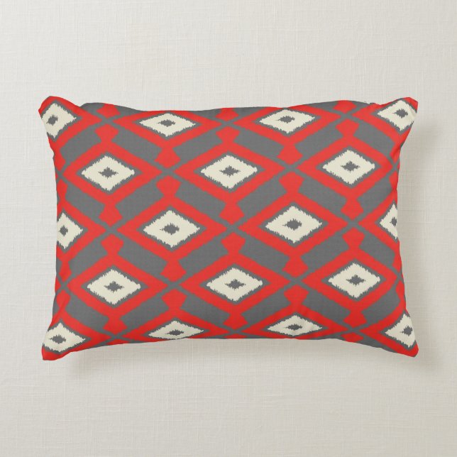 Ikat Pattern - Red, Grey and Beige Decorative Cushion (Front)