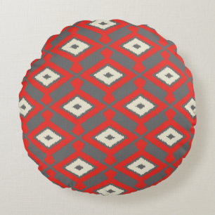 Ikat Pattern - Red, Grey and Beige Round Cushion
