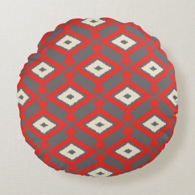Ikat Pattern - Red, Grey and Beige Round Cushion (Front)