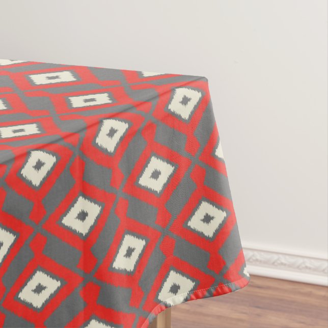 Ikat Pattern - Red, Grey and Beige Tablecloth (In Situ)
