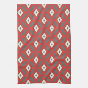 Ikat Pattern - Red, Grey and Beige Tea Towel