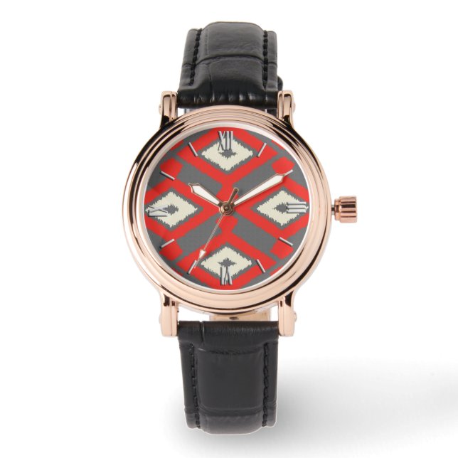 Ikat Pattern - Red, Grey and Beige Watch (Front)
