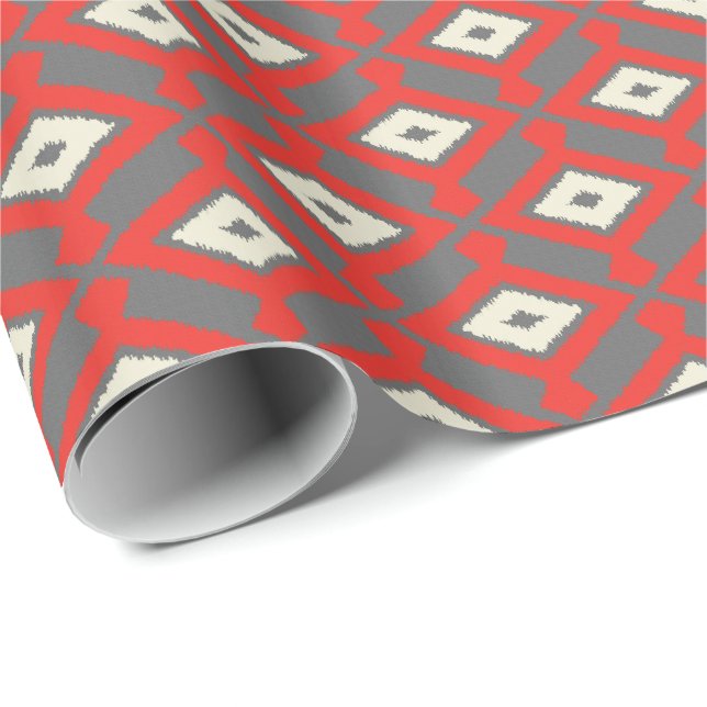 Ikat Pattern - Red, Grey and Beige Wrapping Paper (Roll Corner)